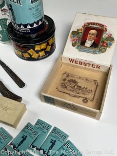 Advertising Tins, Gummed Cigarette Papers, Children's Sewing Machine, Stag-horn Carving Set, Novelty and vintage Items. 