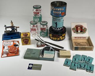 Advertising Tins, Gummed Cigarette Papers, Children's Sewing Machine, Stag-horn Carving Set, Novelty and vintage Items. 