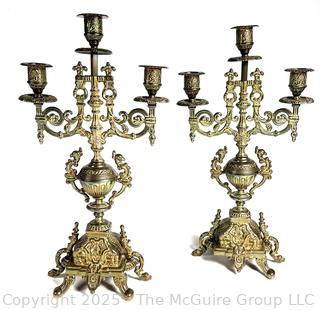 Pair of Baroque Style Brass Brevetto Three (3) Light Candelabras