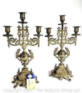 Pair of Baroque Style Brass Brevetto Three (3) Light Candelabras