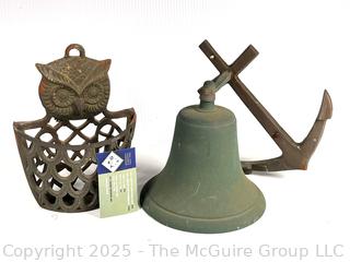 Two (2) Metal Garden Items Including Owl Wall Mount Basket and Navy Bell