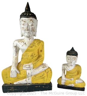 Two (2) Carved and Painted Wooden Buddha Sculptures