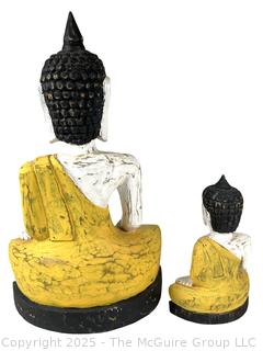 Two (2) Carved and Painted Wooden Buddha Sculptures