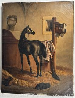 Ornate Giltwood Framed Oil on Canvas Portrait of Horse in Stable.  Unsigned. From the Estate of Dorothea Johanna Ankersmit-Carp, Dutch Equestrian.  Photo in Lot 62HOA features photo of Dorothea on horse.  