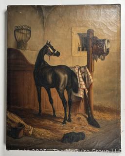 Ornate Giltwood Framed Oil on Canvas Portrait of Horse in Stable.  Unsigned. From the Estate of Dorothea Johanna Ankersmit-Carp, Dutch Equestrian.  Photo in Lot 62HOA features photo of Dorothea on horse.  