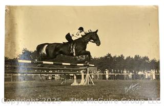 Black & Photograph of Equestrian Dorothea Johanna Ankersmit-Carp in Jumping Competition, 1936.  In Dutch on back reads "Dora with horse from national jumping competition in Truello".  This horse featured in portrait in previous lot.