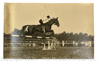 Black & Photograph of Equestrian Dorothea Johanna Ankersmit-Carp in Jumping Competition, 1936.  In Dutch on back reads "Dora with horse from national jumping competition in Truello".  This horse featured in portrait in previous lot.