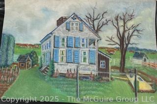 Unframed Pastel Crayon on Paper of Farm House, Unsigned