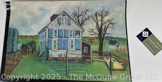 Unframed Pastel Crayon on Paper of Farm House, Unsigned