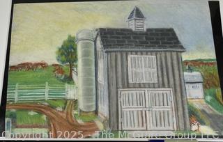 Unframed Pastel Crayon on Paper of Farm House, Unsigned