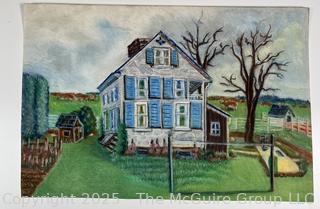 Unframed Pastel Crayon on Paper of Farm House, Unsigned