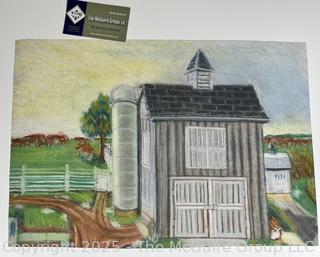 Unframed Pastel Crayon on Paper of Barn & Silo, Unsigned