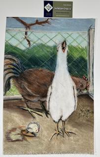 Unframed Pastel Crayon on Paper of Hen & Rooster, Unsigned
