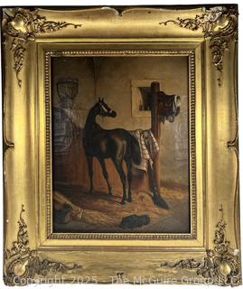 Ornate Giltwood Framed Oil on Canvas Portrait of Horse in Stable.  Unsigned. From the Estate of Dorothea Johanna Ankersmit-Carp, Dutch Equestrian.  Photo in Lot 62HOA features photo of Dorothea on horse.  