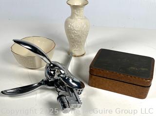 Group of Decorative Items Including Two (2) Formica Trays with Rever Sterling Rims, Rabbit Wine Bottle Opener and Lenox Vase and Bowl 