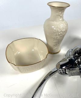 Group of Decorative Items Including Two (2) Formica Trays with Rever Sterling Rims, Rabbit Wine Bottle Opener and Lenox Vase and Bowl 