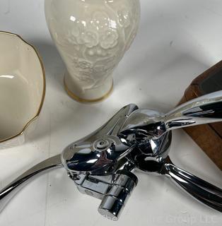 Group of Decorative Items Including Two (2) Formica Trays with Rever Sterling Rims, Rabbit Wine Bottle Opener and Lenox Vase and Bowl 