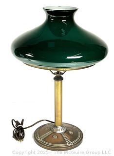 Brass Bradley & Hubbard Art and Crafts Table Lamp Marked B&H 222 with Green Glass Shade