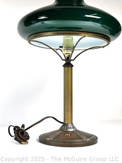 Brass Bradley & Hubbard Arts and Crafts Table Lamp Marked B&H 222 with Green Glass Shade