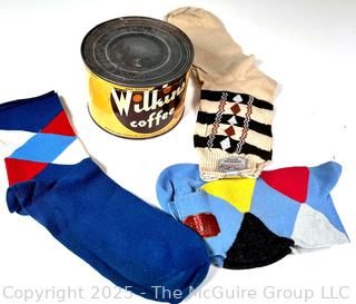 Wilkins Coffee Can with Keywind Lid Packed by John H Wilkins in Washington DC and Vintage Men's Dress Socks, New with Tags