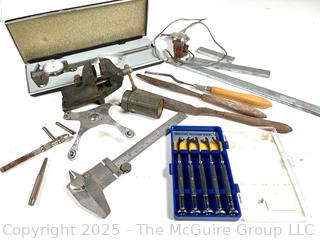 Assorted Hand Tools: micrometer in box; watch; trowels; micro wrench set; vise, etc.