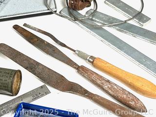 Assorted Hand Tools: micrometer in box; watch; trowels; micro wrench set; vise, etc.