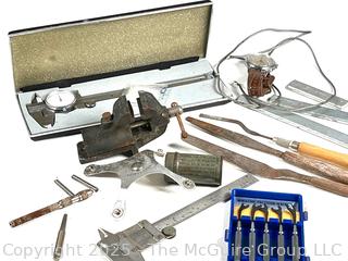 Assorted Hand Tools: micrometer in box; watch; trowels; micro wrench set; vise, etc.