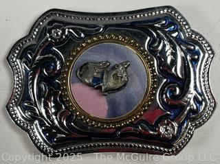 Collection Including 5 Large Belt Buckles, Klein Pocket Knife, Whistle and Pinbacks