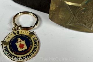 50th Anniversary CIA Key Chain and NOS Grouping of Leather Men's Belts w/ Buckles: Mexico, Russia