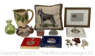 Collectibles: Embroidered Pillow, Ceramic Vase, Glass Items, Ornaments