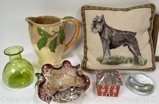 Collectibles: Embroidered Pillow, Ceramic Vase, Glass Items, Ornaments