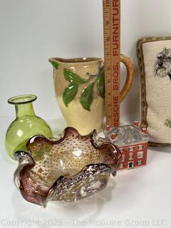 Collectibles: Embroidered Pillow, Ceramic Vase, Glass Items, Ornaments