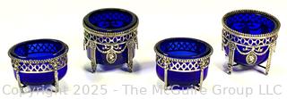 Silver Plate Empire Salt Cellers with Cobalt Blue Glass Inserts by Dutch Silver Maker H. Hooykaas Schoonhuen 