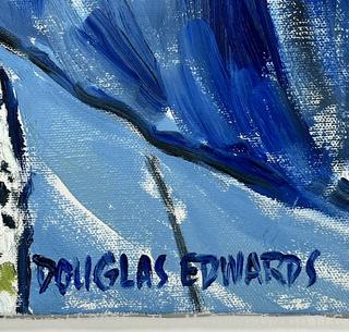 Unframed Original Oil on Canvas Titled “Queen Elizabeth, The Queen Mother” Signed by Artist Douglas Edwards, 1999. 24 x 18”. Blue Background