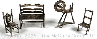 Four (4) Dutch Sterling Silver Miniatures Including Chairs, Settee and Spinning Wheel. 73 grams 