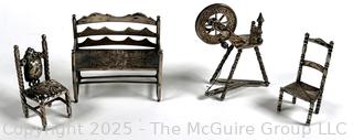 Four (4) Dutch Sterling Silver Miniatures Including Chairs, Settee and Spinning Wheel. 73 grams 