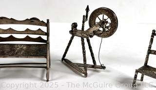 Four (4) Dutch Sterling Silver Miniatures Including Chairs, Settee and Spinning Wheel. 73 grams 