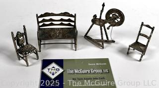 Four (4) Dutch Sterling Silver Miniatures Including Chairs, Settee and Spinning Wheel. 73 grams 