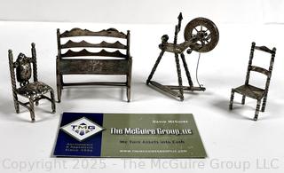 Four (4) Dutch Sterling Silver Miniatures Including Chairs, Settee and Spinning Wheel. 73 grams 