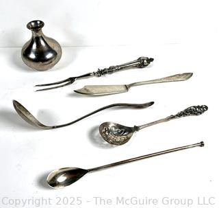 Collection of Sterling Silver Items Including Vase, Spoon, Butter Knife, Serving Fork and Ice Tea Spoon Straw.  