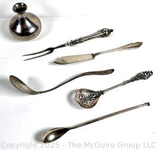 Collection of Sterling Silver Items Including Vase, Spoon, Butter Knife, Serving Fork and Ice Tea Spoon Straw.  