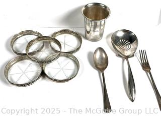 Collection of Dutch Sterling Silver Items Including Crystal Coasters, Cup and Serving Utensils