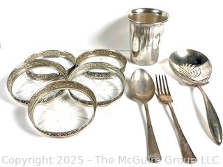 Collection of Dutch Sterling Silver Items Including Crystal Coasters, Cup and Serving Utensils