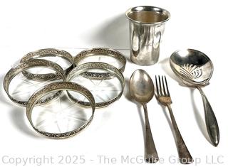 Collection of Dutch Sterling Silver Items Including Crystal Coasters, Cup and Serving Utensils