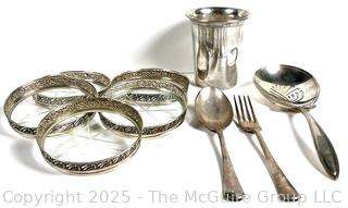 Collection of Dutch Sterling Silver Items Including Crystal Coasters, Cup and Serving Utensils