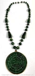 Inca Carved Sun God Green Stone Pendant on  Hand Wired Necklace