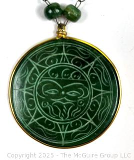 Inca Carved Sun God Green Stone Pendant on  Hand Wired Necklace