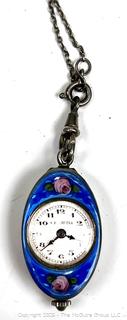 Ladies Sterling Silver Blue Enamel C Bucherer Swiss Watch Pendant Necklace