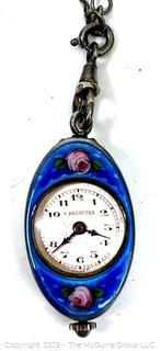 Ladies Sterling Silver Blue Enamel C Bucherer Swiss Watch Pendant Necklace