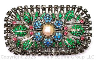 Victorian Sterling Silver Filigree with Bohemian Czech Glass Brooch 